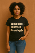 Load image into Gallery viewer, Underground Apparel Unbothered T-shirt in black with bold lettering
